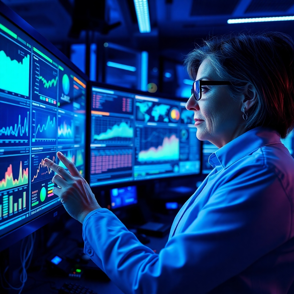 Generate an ultra-high quality image showcasing a data scientist analyzing customer behavior on a large interactive touchscreen display. The scene is set in a futuristic data lab with ambient blue and green glow lighting, highlighting the high-tech environment. Use a wide-angle perspective to show multiple digital screens filled with graphs, charts, and customer demographic maps. The data scientist, a middle-aged woman with glasses, looks intently at the data with a thoughtful expression. Include intricate details like cables and gadgets in the workspace, providing texture to the surfaces. The overall mood conveys a sense of discovery and innovation, designed in hyperrealistic style, 8K resolution, focusing on the fascination of interpreting data.