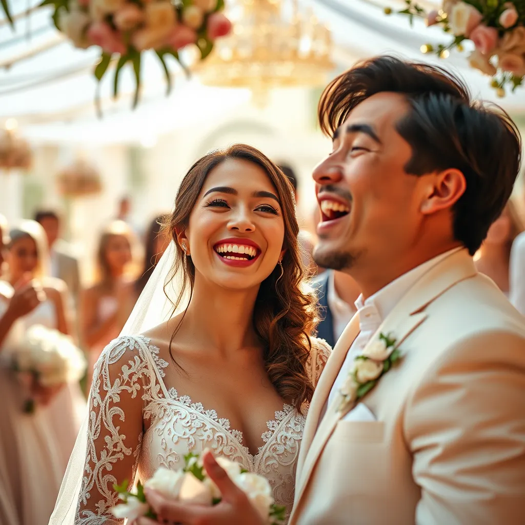 Generate an ultra-high-quality image of a wedding moment captured as a talking photograph, where the bride and groom are animated, joyfully singing together. The scene should have bright, celebratory colors like whites, golds, and soft pinks to convey romance and happiness. Use dramatic front lighting to highlight their facial expressions, emphasizing their joy. Position the frame at eye level to capture the couple in the center with blurred dancing guests in the background to enhance depth. Incorporate textures such as intricate lace on the bride’s dress and shimmering decorations. Surround the scene with delicate floral arrangements that suggest a lively outdoor setting, reminiscent of a summer afternoon. The style should reflect high-definition realism, with every detail perfectly crafted for immersive viewing.