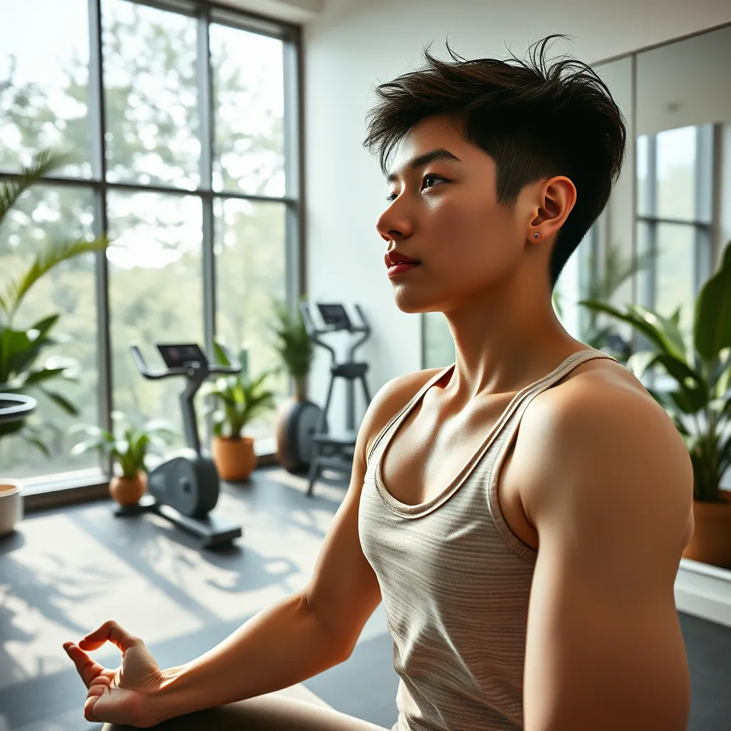 Generate an ultra-high resolution, photorealistic image focusing on a serene, private home gym. The main subject is a young, focused individual engaging in a workout routine involving weights and yoga. The gym should feature modern, sleek equipment, with a large glass window allowing natural light to pour in, creating a bright and welcoming environment. The color scheme should be soft and neutral with hints of greenery from indoor plants placed strategically around the space. Textures should include the smooth, polished surfaces of the gym equipment, the soft texture of a yoga mat, and the comfortable, clear texture of the person's athletic wear. A large wall mirror reflects the activity, adding depth and dimension. The camera angle should be at eye level, capturing the determination and serenity of the scene. Style the image in the manner of a lifestyle magazine shoot, with an 8K resolution and hyperrealistic detailing to convey a sense of health, balance, and sustainable living.