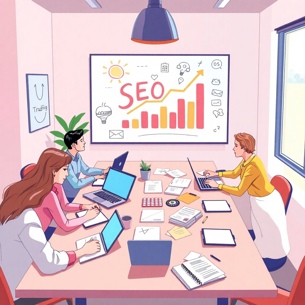 Illustrate a brainstorming session where a team discusses innovative SEO strategies inspired by trending topics. The focus should be on a central table with laptops and notepads, with bright ideas depicted through doodles and notes transforming into visuals of traffic growth on a screen. Use a vibrant color palette with natural light streaming in to inspire creativity. This scene should evoke collaboration and idea generation, presented in a visually engaging format.