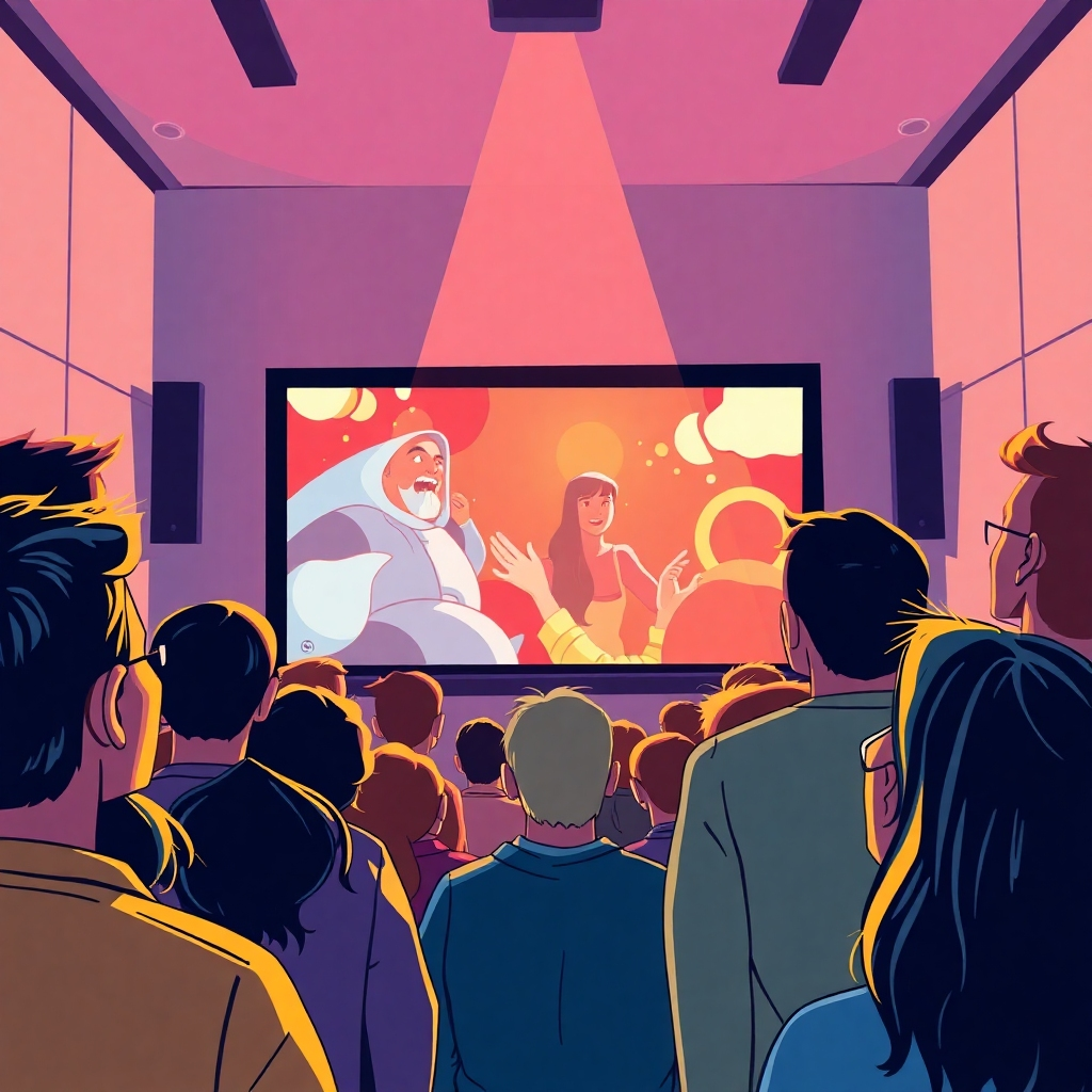 Illustrate a captivating scene of a captivating video being presented to an audience, showcasing eye-catching visuals and engagement. Use a dynamic color palette with contrasting colors to emphasize excitement. The audience should be diverse, with expressions of amazement. The lighting should be dramatic to highlight the screen and the reactions of the viewers, evoking a sense of connection and interest.