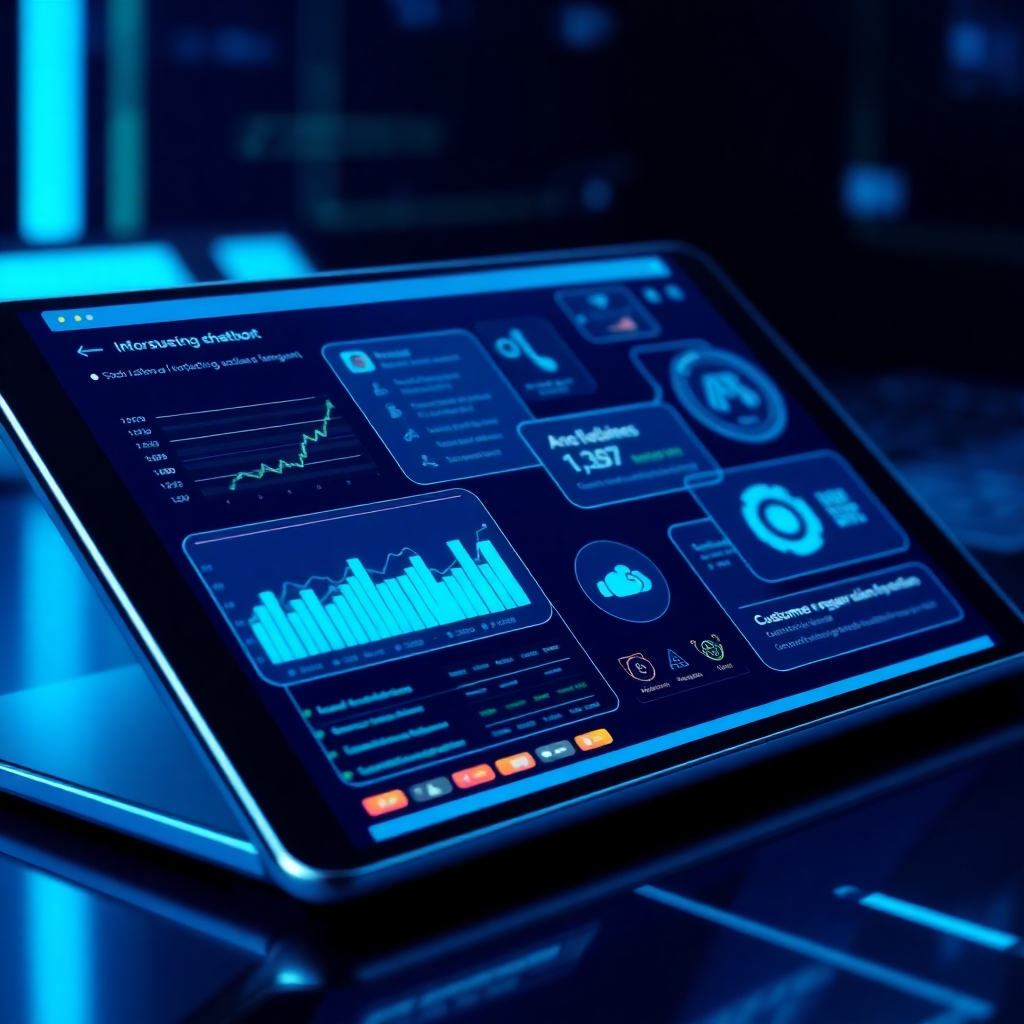 Illustrate a close-up view of a high-tech chatbot interface on a tablet, overlayed with sections showing analytics, customer engagement metrics, and AI predictions. Use bright, futuristic colors such as electric blue and neon green against a dark background to emphasize innovation. This detailed and vibrant 4K resolution image should reflect technological sophistication.