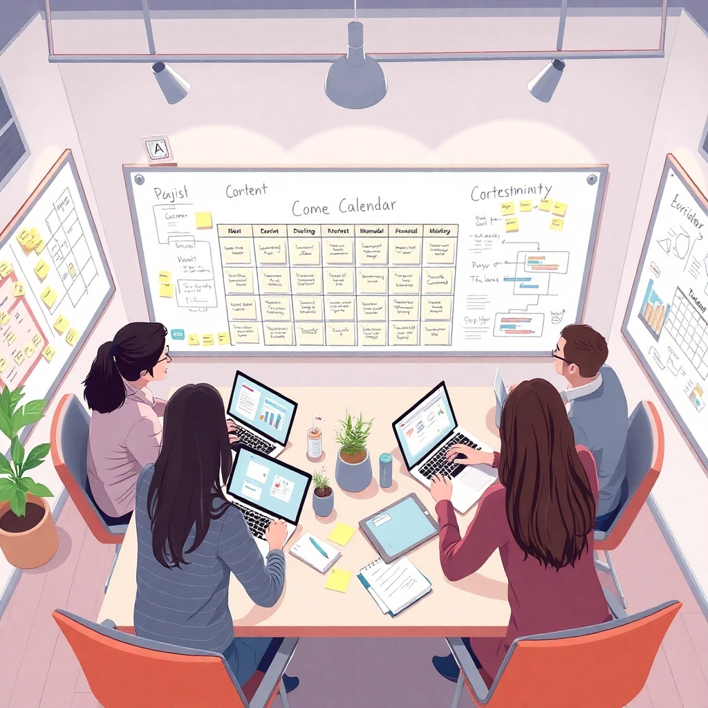 Illustrate a collaborative workspace where a team is creating a content calendar. Use elements like sticky notes, laptops, and whiteboards filled with ideas and graphs. Soft ambient lighting should create a welcoming but focused atmosphere. Capture this scene from a bird’s-eye view, showcasing the energy and teamwork involved in content strategy.