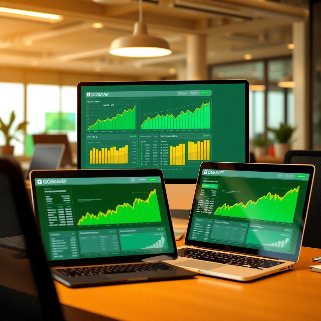 Illustrate a comprehensive analytics platform showcasing affiliate marketing performance metrics, with graphs and statistics displayed vividly. Create a warm office atmosphere with bright lighting, focusing on laptops and tablets showing the Go Beaver interface. Use a palette of green and gold colors to convey growth and profitability. The composition should feel dynamic and engaging, with detailed textures in the digital screens, captured in a high-quality, photorealistic style, highlighting the sophistication of the service in 4K resolution.