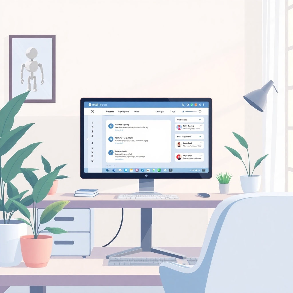 Illustrate a concept of AI automation in social media, featuring a computer screen displaying automation tools at work. The environment should be a sleek home office with a clear view of the programs executing scheduled posts and responses. Use a modern color palette with light tones to create an airy feel, and include plants or personal touches to make the space inviting. Aim for a photorealistic representation that showcases productivity.