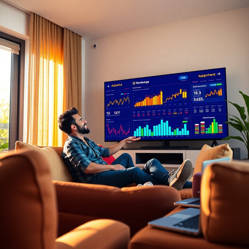 Illustrate a concept of audience monetization with an engaging scene of a person sitting on a stylish couch, happily reviewing revenue analytics on a large-screen TV showing colorful graphs and metrics. The atmosphere should be bright and optimistic, utilizing natural lighting from a large window. The color palette should embody warmth with yellows, greens, and blues to promote prosperity and success. Capture the scene from a low angle to emphasize the enjoyment during the analytic review process. Surround the setting with cozy living room decor and tech gear, like a laptop and a smartphone table beside them. Style reference: ‘in the style of inspirational lifestyle photography’. Ensure the image is hyperrealistic, ultra-detailed, 8K resolution.