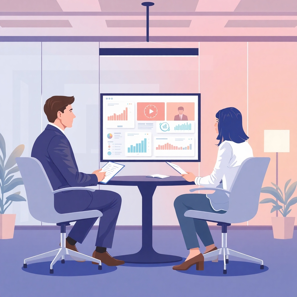 Illustrate a consulting session taking place in a modern office setting. Show a professional consultant engaged in discussions with a client, with visual aids like charts and video content in the background. The environment should radiate professionalism, with an attractive color palette ensuring clarity and focus. The image should evoke trust and proactive guidance.