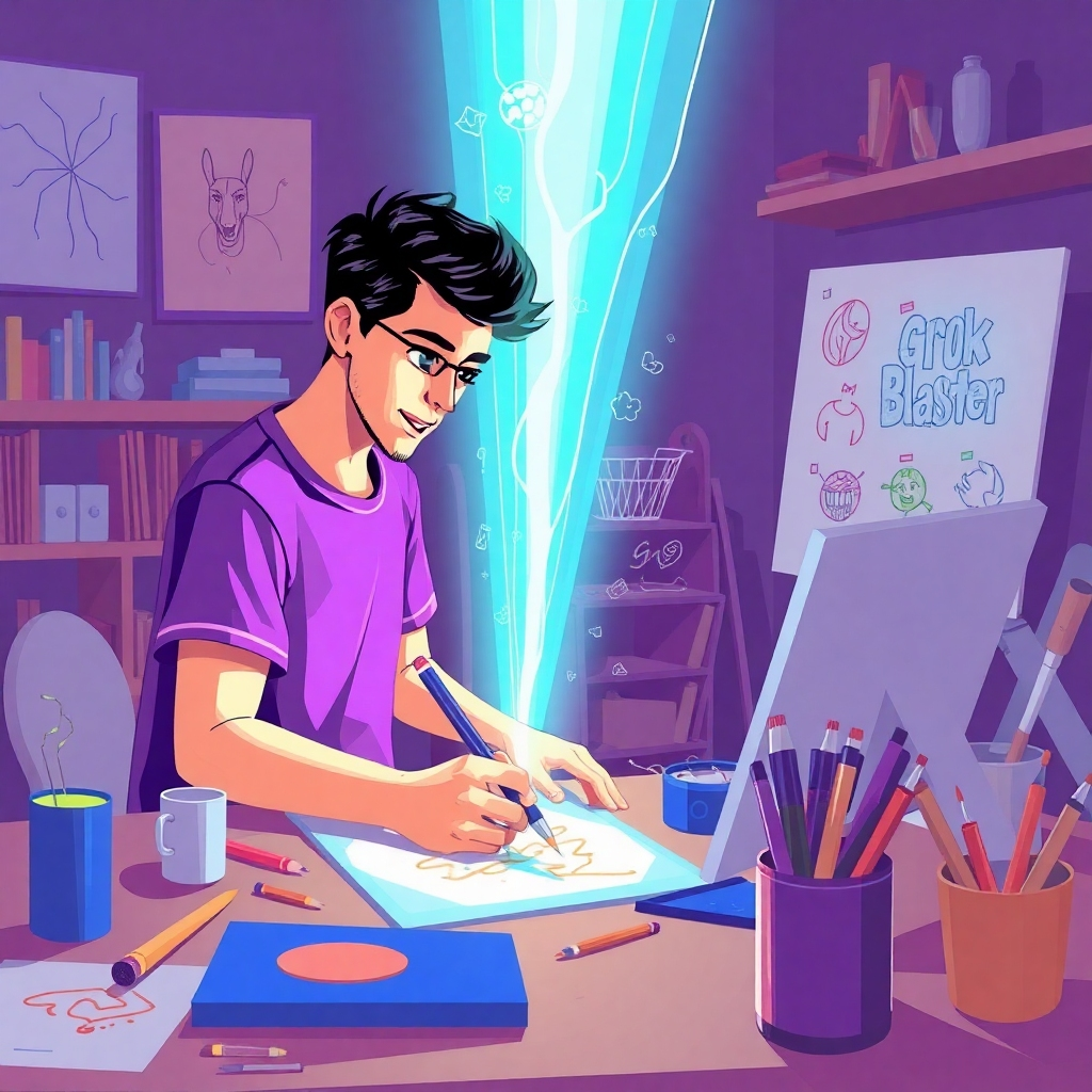 Illustrate a creative artist in action, using the Grok Blaster platform with AI features illuminating their workspace. The light should play dynamically across the artist’s focus area, showcasing vibrant sketches and digital designs generated in real-time. The colors should be bright and diverse, symbolizing inspiration and imagination. Include artistic tools and textures around the workspace to create an inviting environment. The composition should reflect a sense of fluidity and energy, highlighting the creative process.