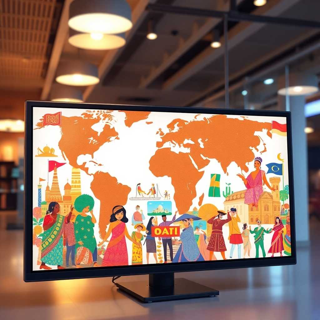 Illustrate a creative montage with cultural symbols from around the world blended into a digital screen displaying local content. Use vibrant colors to represent diverse cultures respectfully. The composition should include a mix of textures, like fabric patterns and digital effects, to convey vibrancy. The environment should be a modern cultural hub, with warm, inviting lighting. Ensure the image is high-quality and stylized to emphasize the unique blend of culture and technology.