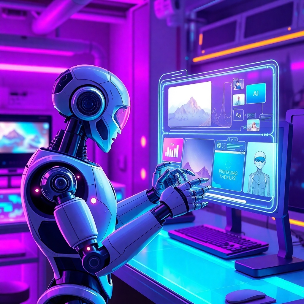 Illustrate a creative scene where an AI robot is crafting video concepts on a holographic interface. The composition features glowing screens with various media elements. Bright, engaging colors like teal and purple dominate the palette. The environment is futuristic, hinting at an advanced media lab. Style references: sci-fi aesthetic, modern design. 4K resolution, high quality.