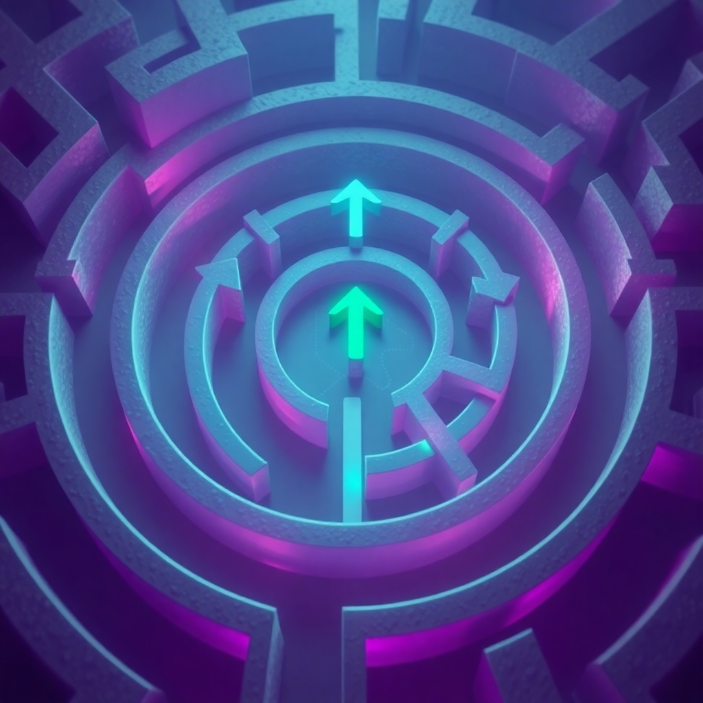 Illustrate a digital labyrinth with arrows showing navigation towards specific demographics. Gentle, diffused lighting should create a sense of discovery. Use a palette of rich purples and greens to suggest creativity intertwined with strategy. An overhead view can accentuate the labyrinth concept. The textures should invoke a sense of depth and intrigue. Aim for a stylishly conceptual image.