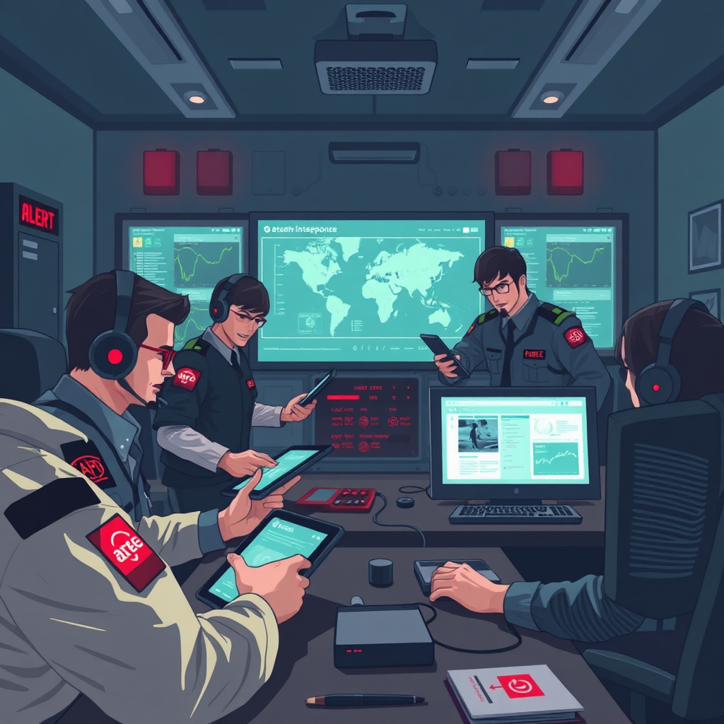Illustrate a dynamic response team in action, analyzing data on tablets and computers amid an incident. The room should be filled with a sense of urgency, featuring red alert buttons and fast-paced operations. Use bright lights and a darker room environment for dramatic effect. The image should convey energy and efficiency in resolving incidents, styled in high resolution.