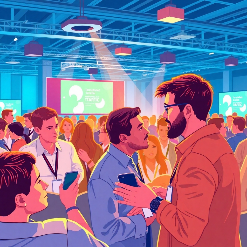 Illustrate a dynamic scene of a digital marketing conference where professionals are engaged with advanced tech gadgets showcasing traffic solutions. Bright, energetic colors should reflect innovation, complemented by focused lighting on speakers and participants. Capture the buzz of interaction and learning from an immersive, slightly elevated angle that brings depth to the gathering. The image should be captivating, striking a balance between realism and engagement, in high quality.