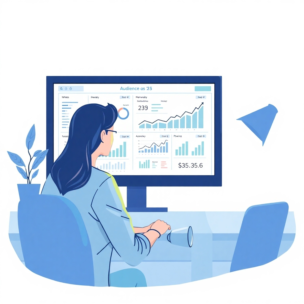 Illustrate a focused scene where a marketer analyzes audience data on a screen while planning their video creation. The image should feature analytics graphs and viewer demographics with clear visual representation. A blue and green color palette conveys clarity and professionalism, while soft lighting adds a sense of depth and thoughtfulness to the scene.