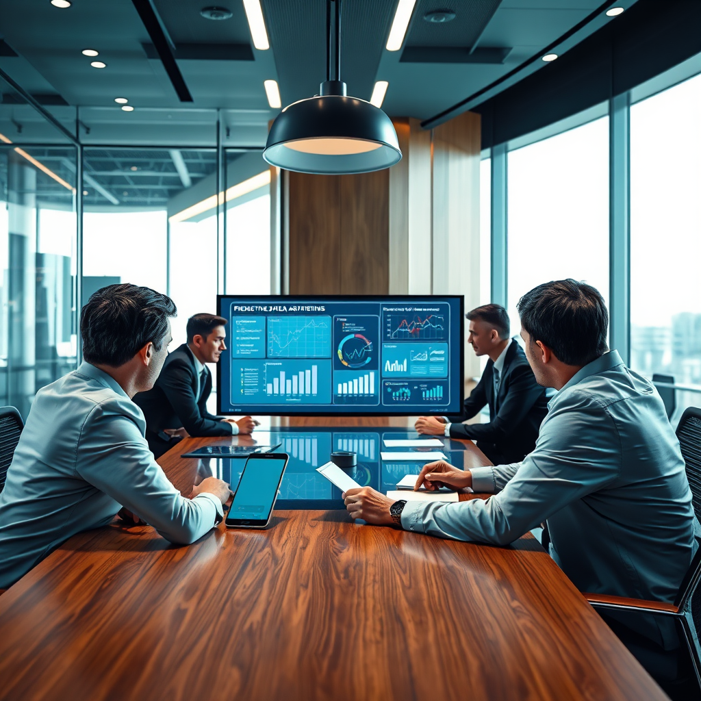 Illustrate a forward-looking business strategy session, where executives are planning with the aid of AI prototypes. A stylish conference room, with futuristic design elements, should be the setting. Bright, engaging light highlights the action and energy in the room. The camera angle must focus on the interface displaying predictive analytics and operational strategies. Textures like glass and polished wood should be evident, assuring a sophisticated and high-quality image output.