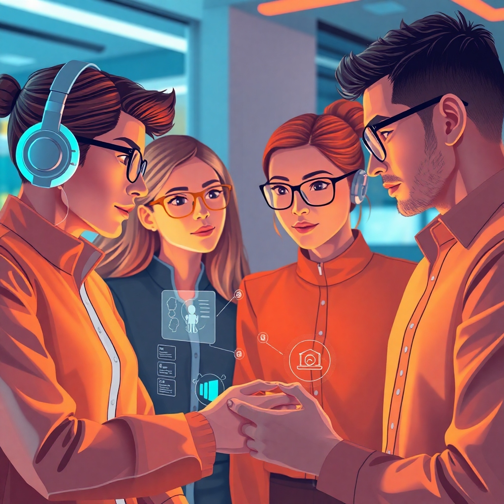 Illustrate a futuristic marketing team discussing ideas, with holographic AI interfaces displaying data in 3D. Soft, focused lighting should highlight their expressions of innovation. The color scheme should include vibrant oranges and blues to depict creativity and technology. Use a close-up angle to emphasize collaboration. Textures should be smooth, showcasing high-tech gadgets. Style references: sci-fi and professional. Aim for a photorealistic style.