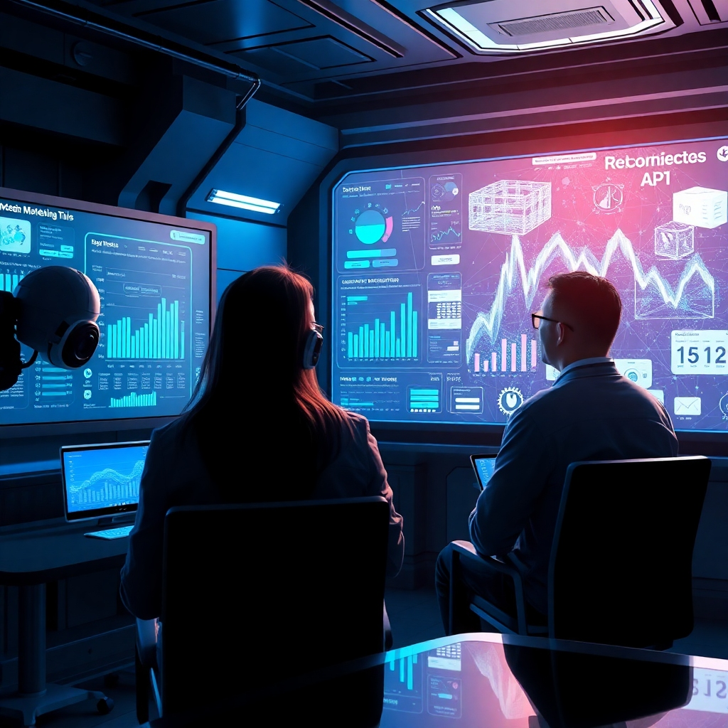 Illustrate a futuristic setting where users analyze data trends impacting social media marketing. The image should include digital screens filled with projections of future trends. Create a sci-fi atmosphere with blue and silver tones, focusing on technology's role in social engagement. The lighting should be dramatic, drawing attention to the screens and their content. Use high-quality resolution to emphasize the forward-thinking theme.