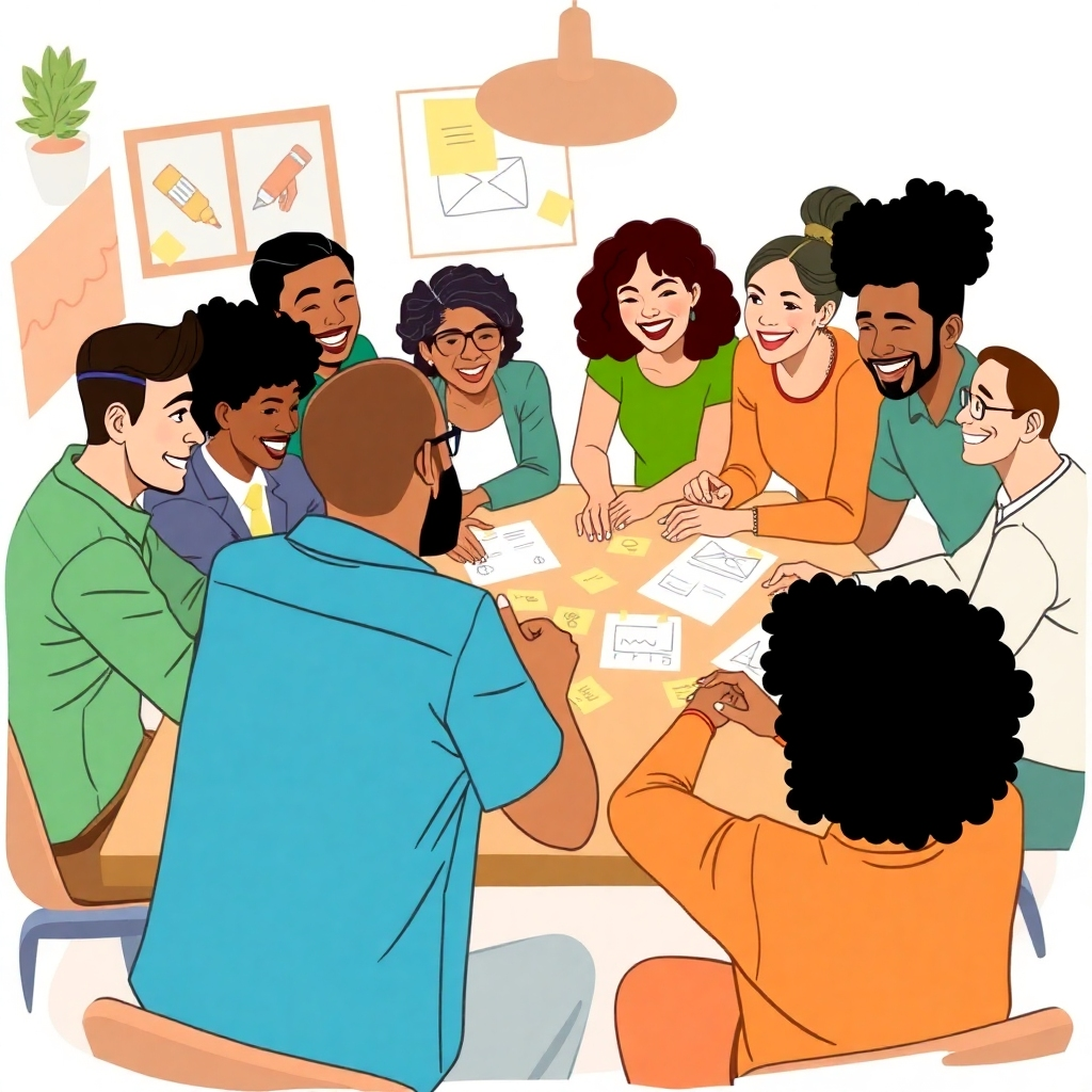 Illustrate a group of diverse individuals gathered around a table, brainstorming and collaborating on video projects. The atmosphere should be warm and inviting, filled with laughter and creativity, with visual elements like post-it notes and sketches scattered about, showcasing a culture of support.