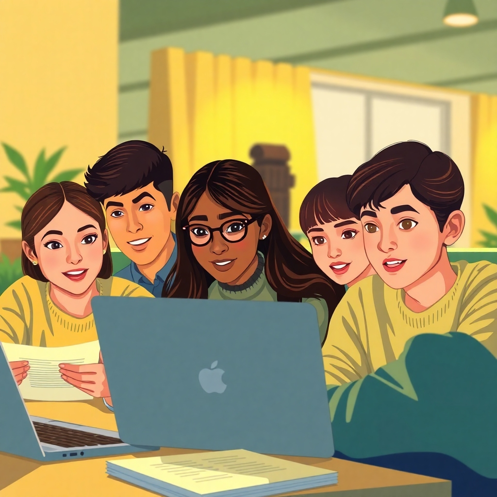 Illustrate a high-quality image depicting a group of students attentively engaging in an online lesson. The environment should be cozy yet professional, with warm lighting illuminating the participants' faces. The color palette should consist of soft yellows and greens, providing an inviting atmosphere. Showcase laptops and notepads with course materials, emphasizing the interactive essence of online learning. The camera should focus on the expressions of interest and curiosity among the students.