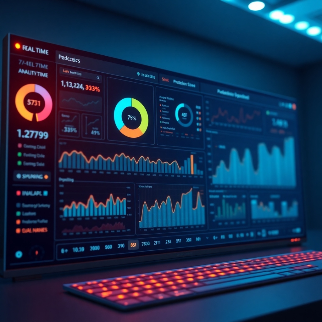 Illustrate a high-tech analytics dashboard glowing with real-time statistics and metrics. The setting should convey professionalism with sleek designs and soothing color palettes. Soft lighting should emphasize the data displayed, creating intrigue around the potential insights. High-quality resolution is necessary for detailed visualization.