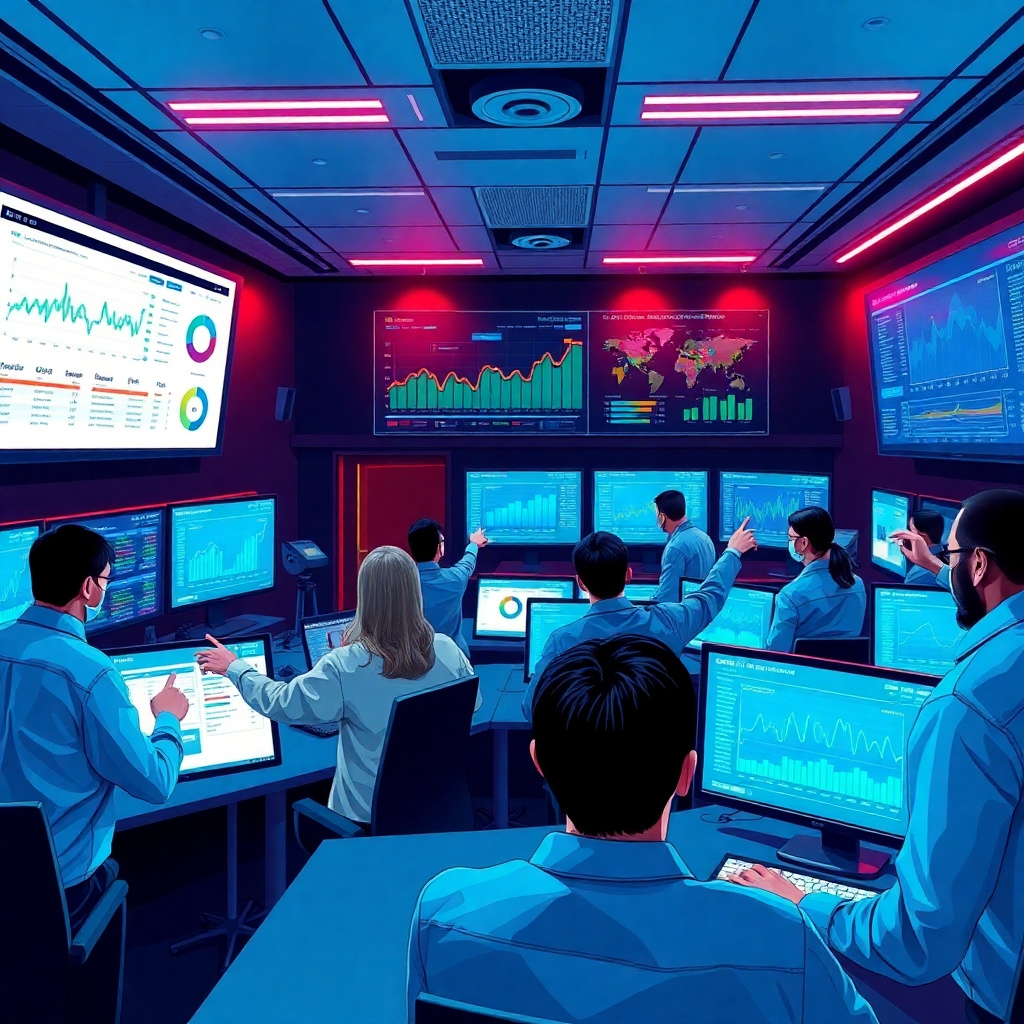 Illustrate a high-tech control room filled with multiple screens showcasing analytics dashboards and social media metrics. The lighting should be a mix of neon blues and greens, signifying a modern tech environment. Capture various professionals analyzing data and pointing at screens, ensuring a busy yet organized atmosphere. Aim for a photorealistic finish with intricate details on the displays.
