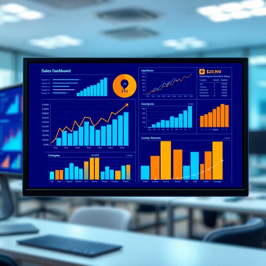 Illustrate a high-tech image of a digital sales dashboard showcasing increasing revenue numbers. The background should be bright, with engaging graphs and charts displayed on multiple screens. Utilize bright blue and orange colors to capture attention and convey growth. The focus should be on the screens with a blurred office setting in the backdrop, signifying a productive work environment. Opt for a dynamic, futuristic style to resonate with tech-savvy entrepreneurs.