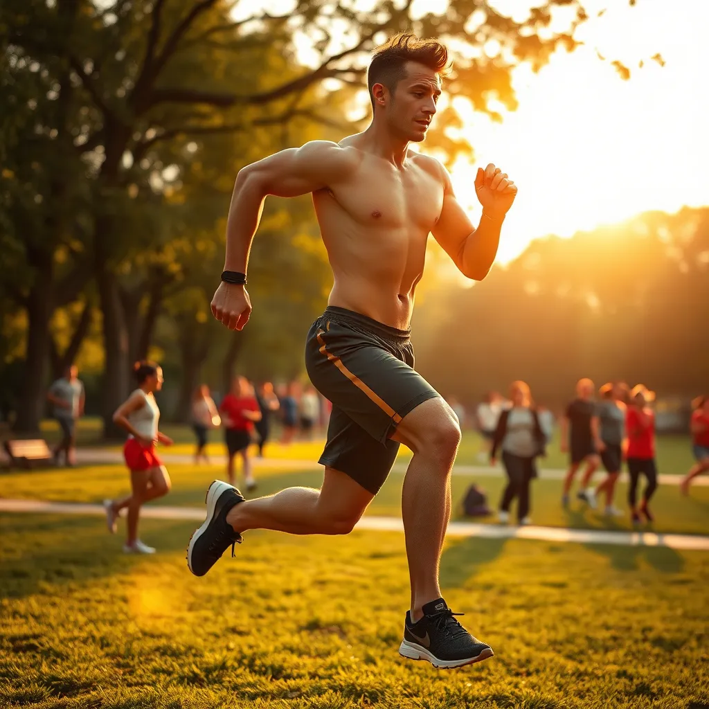 Illustrate a highly detailed, photorealistic image of a fit, energetic person mid-exercise, symbolizing enhanced metabolism. They should be in an outdoor park setting, performing a dynamic movement such as running or jumping. The subject should be bathed in the warm, golden light of the setting sun, highlighting their toned musculature and healthy appearance. Use a natural, vibrant color palette with plenty of green from the park’s grass and trees, contrasting with the subject's athletic wear. Capture the textures of sweat, the athletic wear, and the details of the park environment with precision. The camera angle should be slightly low, looking up towards the subject to create a sense of power and energy. In the background, people enjoying various forms of exercise add context. Ensure the image is in 8K resolution with hyperrealistic and ultra-detailed visuals for an inspirational and engaging scene.