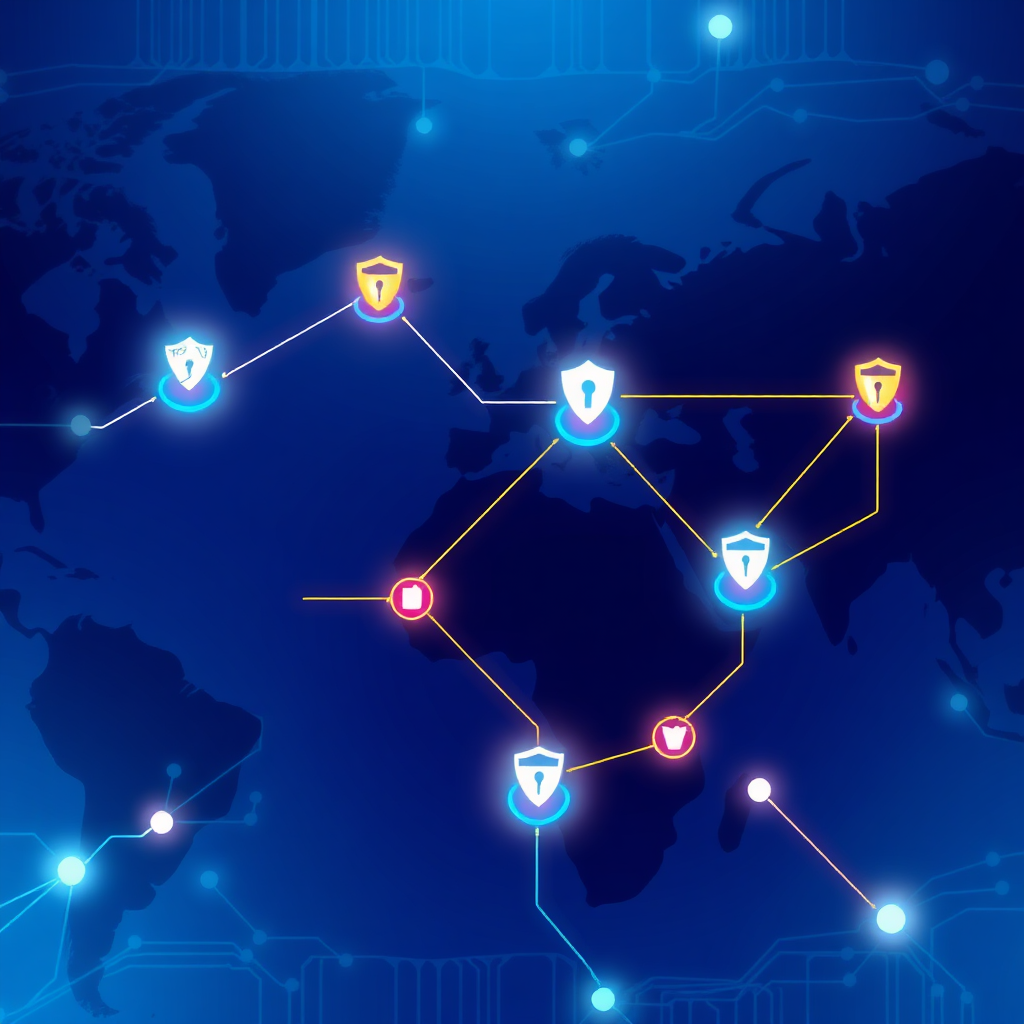 Illustrate a map with digital pathways connecting various cybersecurity strategies employed by Soteria. Use glowing lines to represent active protocols and nodes symbolizing endpoint protections. Employ a cool color palette with pops of bright colors to signify active defenses, aiming for a sleek and modern design. The image should be presented in a high-resolution format to ensure clarity.