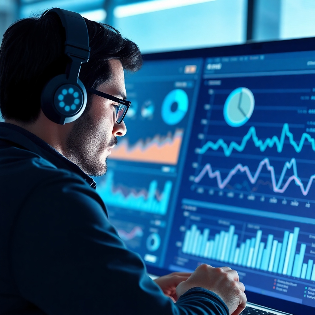 Illustrate a marketer utilizing a state-of-the-art AI dashboard that provides real-time analysis. Bright, focused lighting should highlight the dashboard's data displays. The palette should use cool blues and whites for a high-tech aesthetic. The angle should be from the side to reveal the details on the screen. Textures should have a modern, sleek interface feel. Aim for a high-quality, photorealistic image.