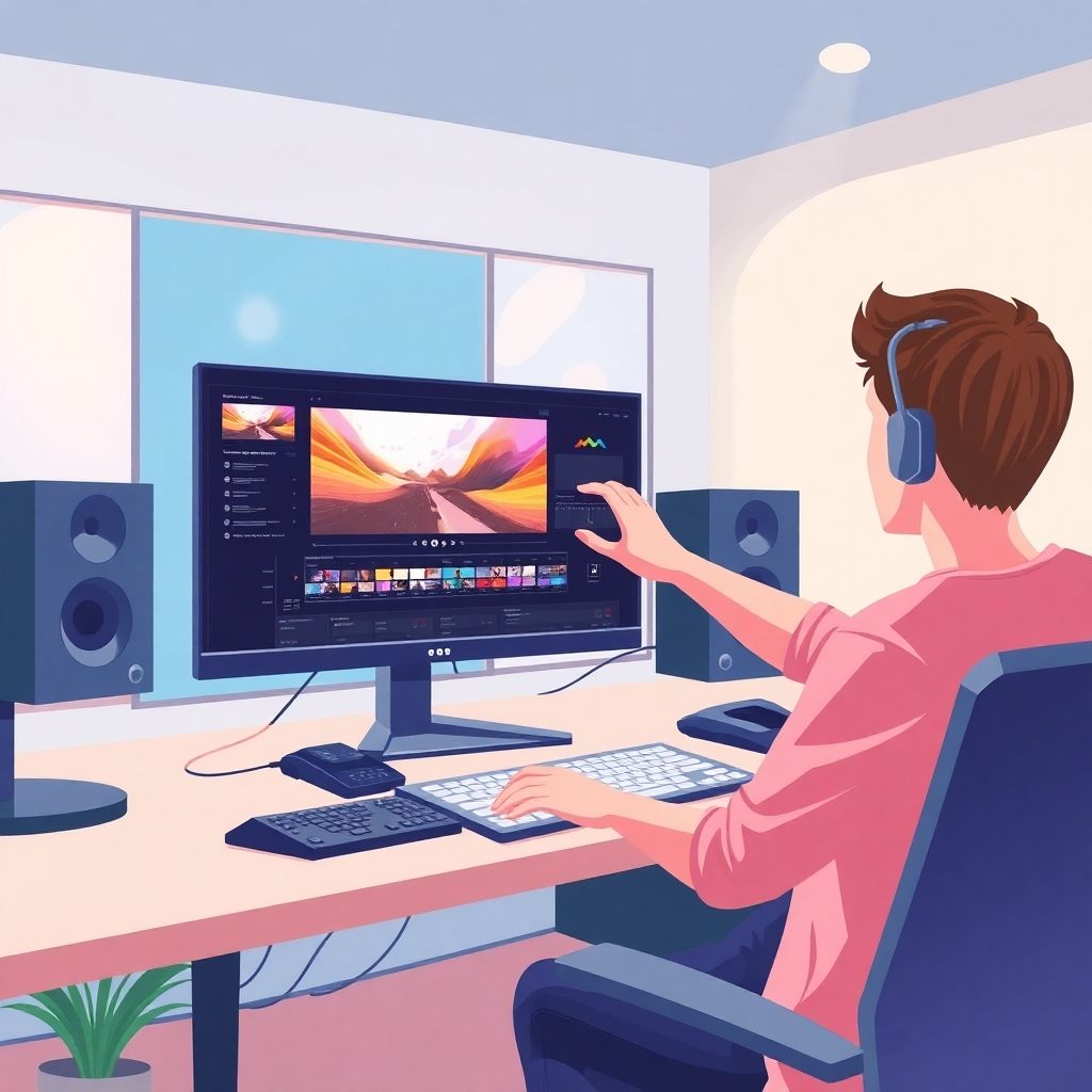 Illustrate a modern editing room where a person is enhancing a video with innovative editing software on the screen. The space should feel dynamic, featuring colorful graphics and user-friendly interfaces that invite exploration. Bright, adjustable lighting creates a vibrant atmosphere for creativity.