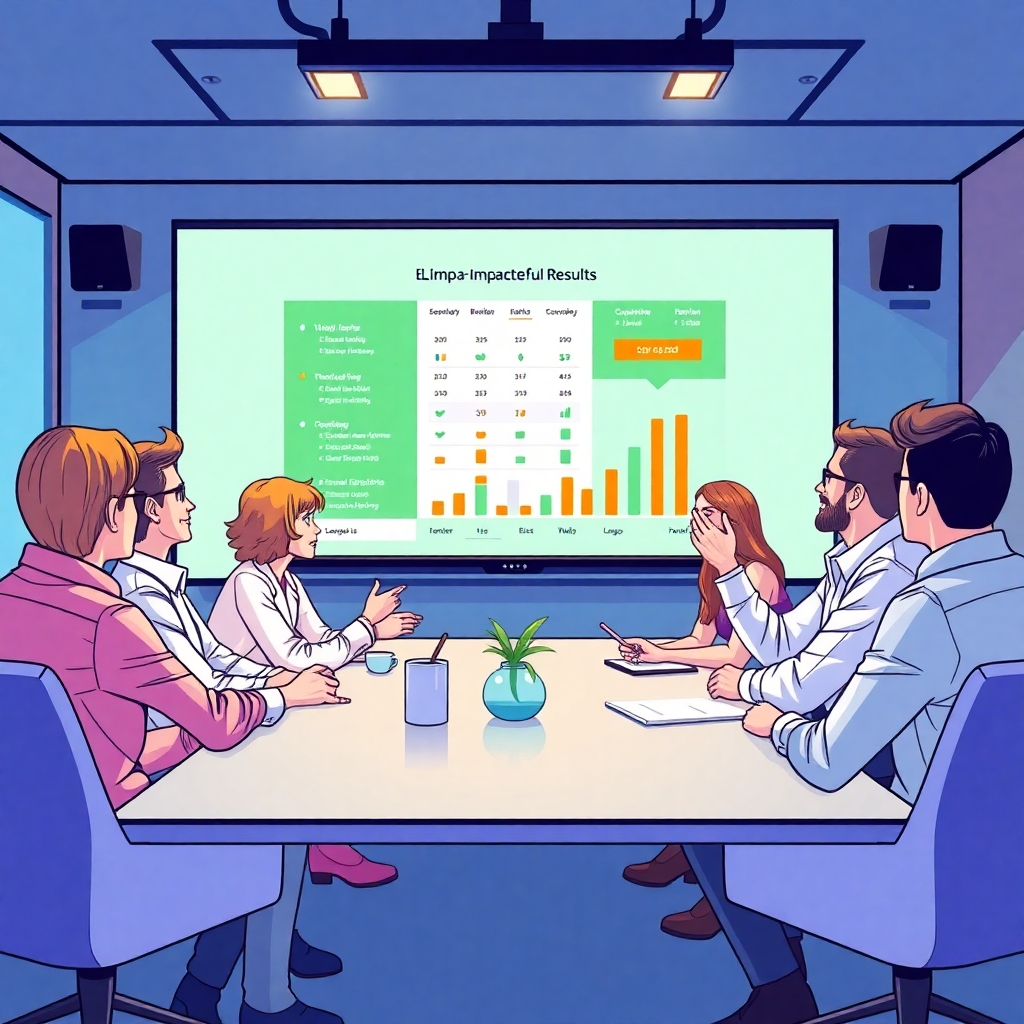 Illustrate a modern meeting room where clients are reviewing impactful results from a SocialTale campaign displayed on a large screen. The setting should include a mix of technology and comfort, with a range of people animatedly discussing results. Use a vibrant color scheme to reflect positivity and success. The lighting should create a professional yet friendly atmosphere. A high-quality image resolution is crucial to emphasize the detail and engagement.
