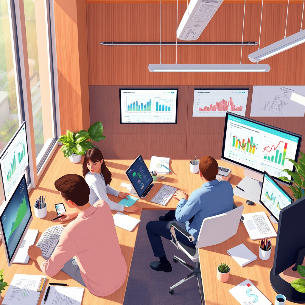 Illustrate a modern office workspace showing professionals utilizing digital devices and collaborative tools. Capture a vibrant atmosphere of focus and engagement, with ample natural light, emphasizing efficiency. Include elements such as digital graphs on screens, notes, and colorful charts. The color palette should be bright and energizing to reflect productivity and innovation. The texture of materials like wood and glass can add warmth, with a slight overhead angle to capture the full workspace. Aim for a photorealistic style.