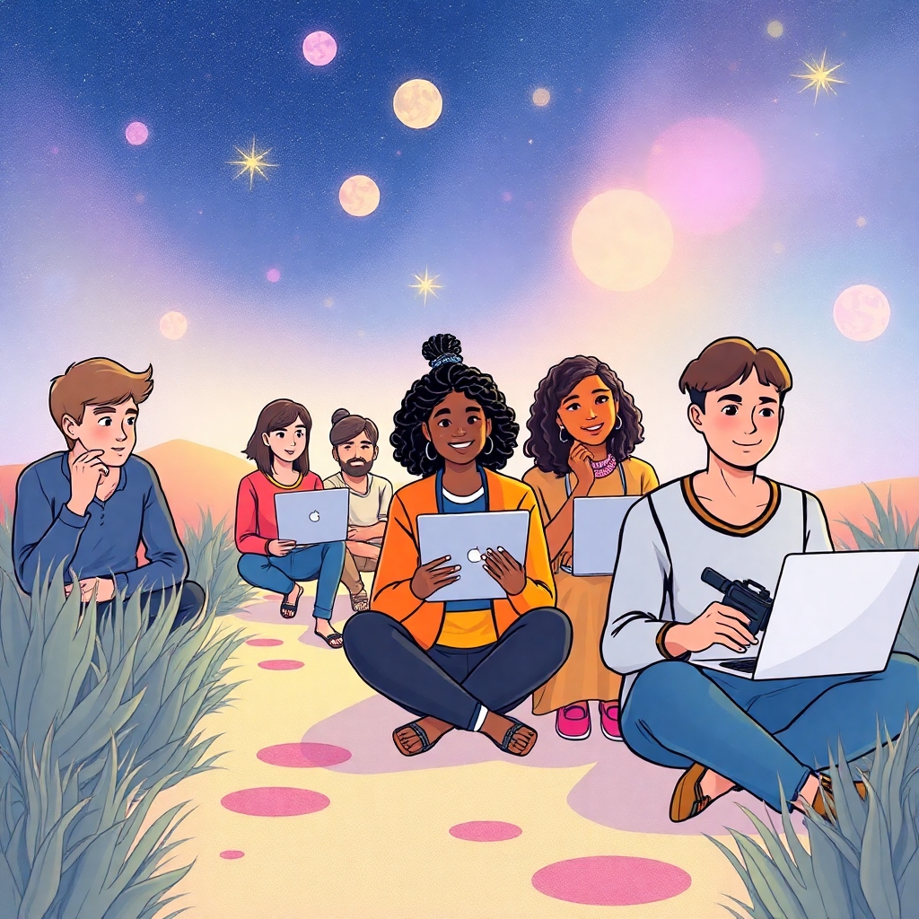 Illustrate a path where diverse individuals are working on their video projects, each deep in thought yet visibly joyful. The backdrop should feature dreamy elements, such as soft lights and colors, signifying the realization of their dreams through creativity and the promise of financial freedom.