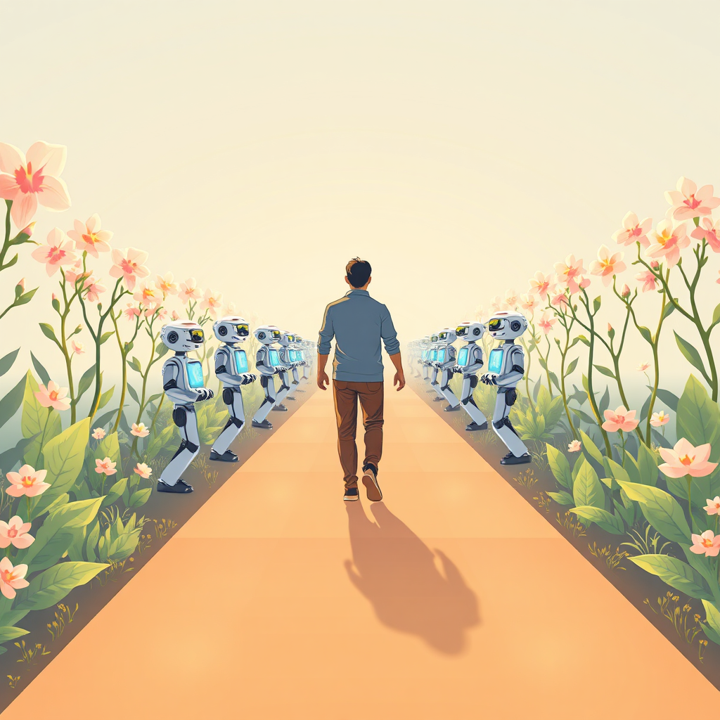 Illustrate a person walking along a digital path, flanked by various A.I. clones, each assisting with distinct tasks. The path should be bright, illuminated by soft light, and lined with blooming digital flora that symbolizes growth and opportunities. Use warm and welcoming colors, conveying a sense of harmony and support. Focus on the interactions between person and clones to emphasize teamwork. The textures should feel lively and vibrant, enhancing the journey's visual representation.