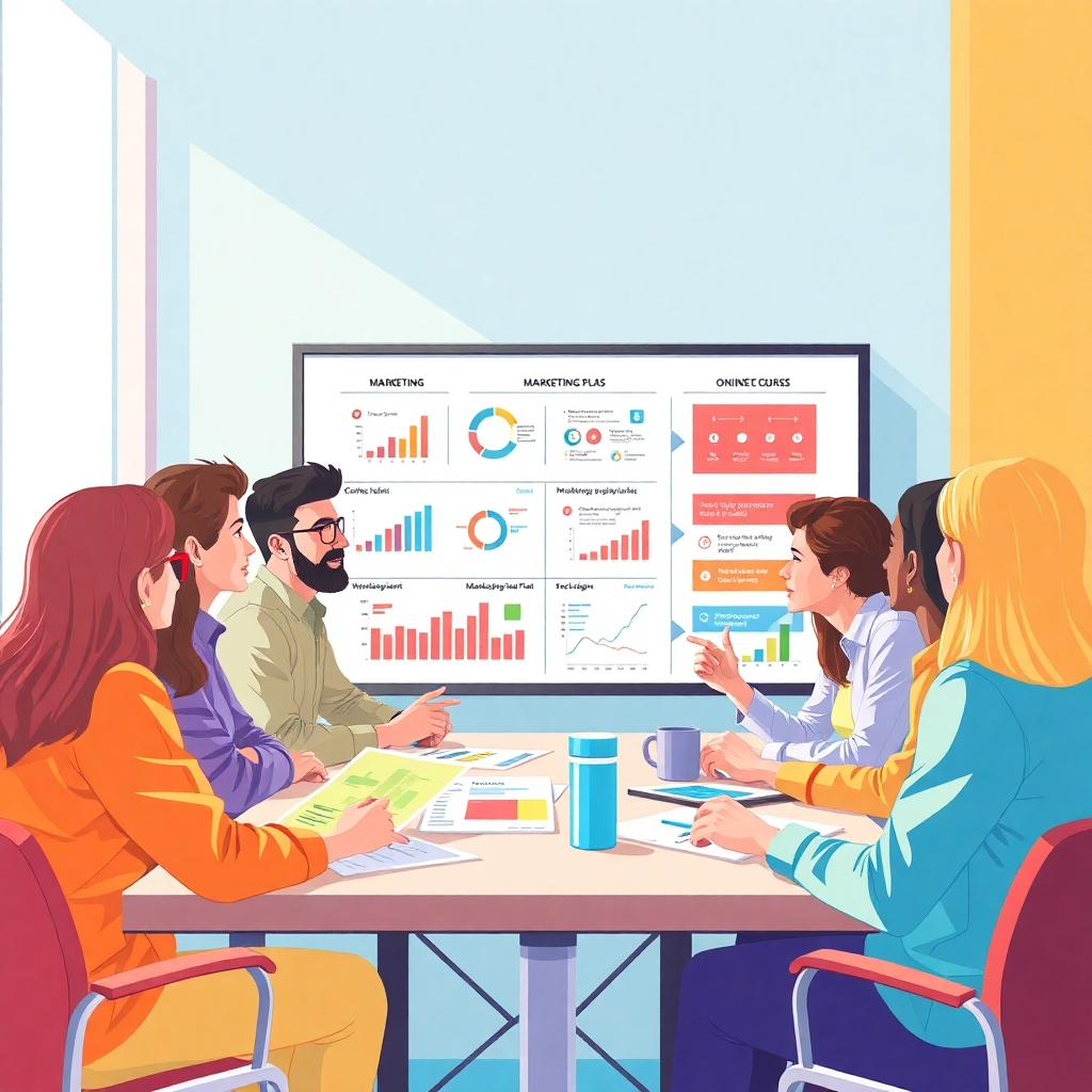 Illustrate a photorealistic image depicting a vibrant marketing strategy session in progress. The setting should feature a large screen displaying statistics and marketing plans. Utilize bright colors to create an energetic atmosphere, highlighting diverse individuals brainstorming ideas. Incorporate materials like flipcharts and graphs to represent active engagement in promoting online courses. The lighting should be bright and motivational.