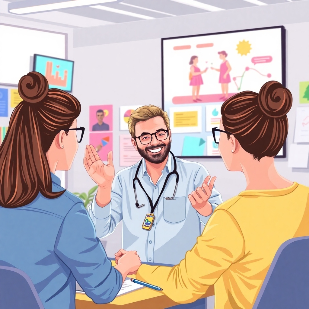 Illustrate a photorealistic image of a skilled instructor demonstrating their expertise via an engaging online workshop. The environment should be modern and interactive, with bright colors and dynamic visuals on prominent displays. Use fun props such as colorful charts and educational tools around the instructor to enhance the learning atmosphere. The lighting should be bright and cheerful, capturing an engaging moment in the workshop.