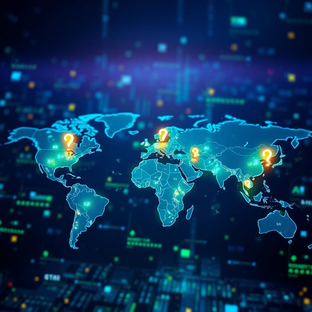 Illustrate a photorealistic image showing a digital world map with glowing markers representing successful campaigns across the globe. The background should be filled with data streams and AI icons to signify advanced technology. The lighting should be dramatic and vivid, showcasing vibrant blue and green colors. This composition symbolizes a global reach empowered by advanced technology. The image should promote a high-tech ambiance, offering a sense of limitless possibilities.
