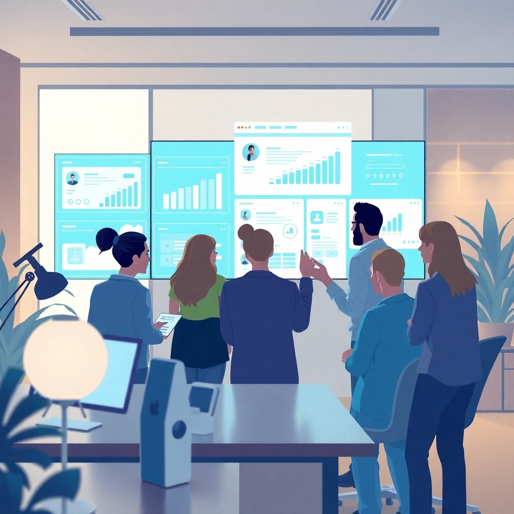 Illustrate a representative image of innovation and digital marketing with a stylized depiction of a diverse team collaborating around a sleek digital interface. The setting should be a modern office with soft, warm lighting, where screens show social media interactions. Incorporate elements like charts and graphs, emphasizing growth and engagement, with a calming color palette of blues and greens. Utilize a slightly elevated angle to create depth. Ensure the image is captivating and high quality, targeted for 4K resolution.