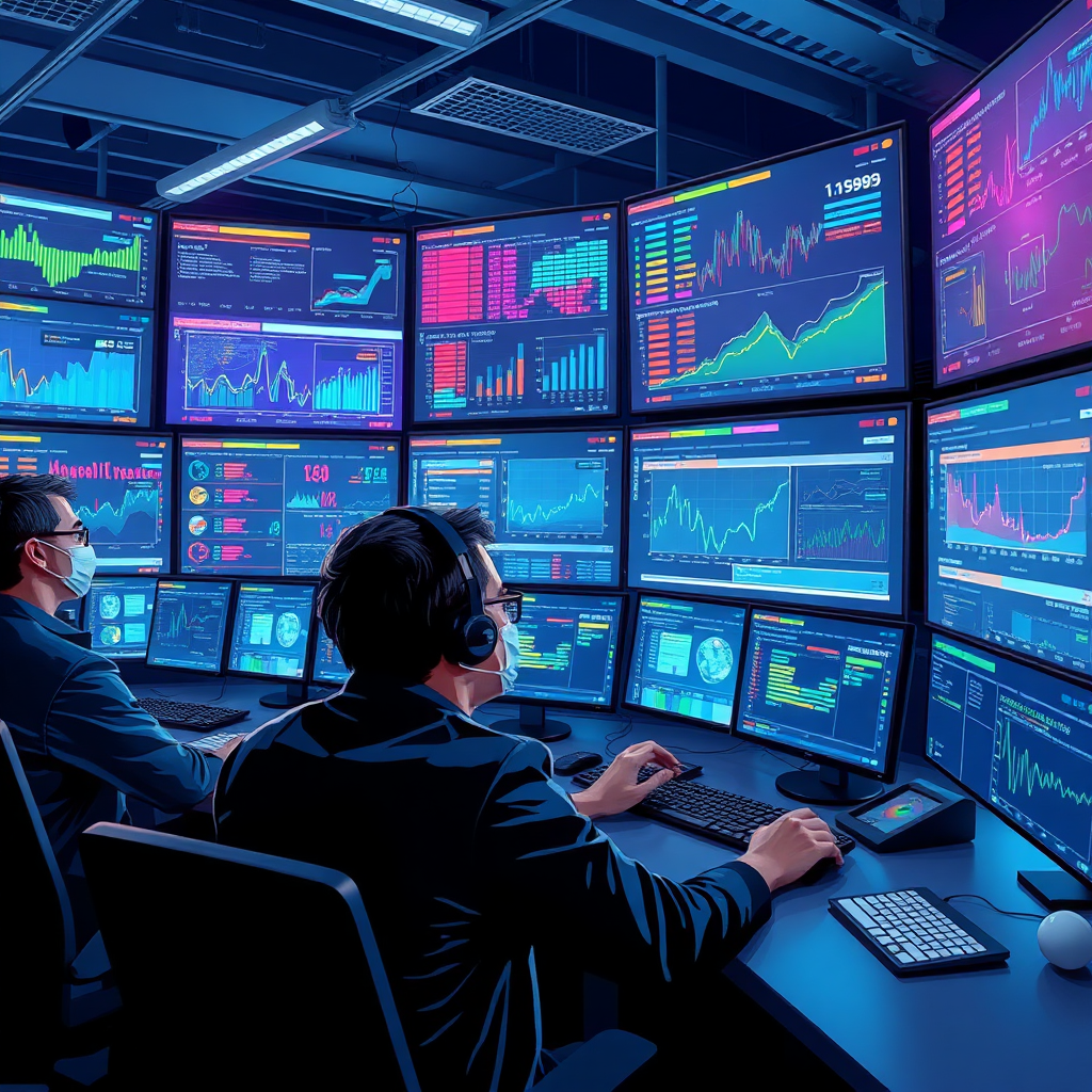Illustrate a scene depicting a team of cybersecurity experts monitoring live data on screens filled with graphs, alerts, and AI analytics. The lighting should be bright and technological, emphasizing screens with vivid colors that denote real-time analytics. The professionals should appear engaged and focused, showcasing a high-tech office environment rendered in photorealistic detail to capture the urgency of monitoring.