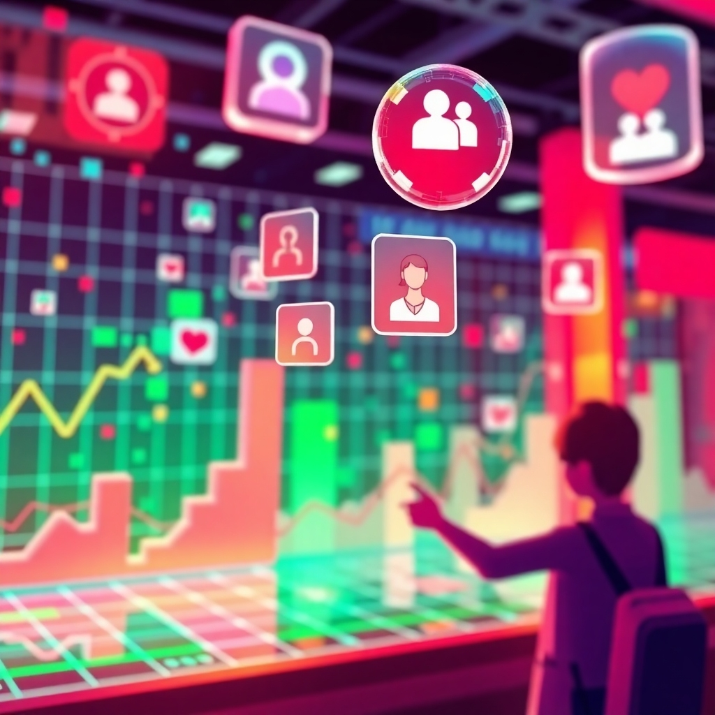Illustrate a scene where digital graphs and trending topics come to life. The image features a person interacting with floating icons that represent trending content, in a bright tech hub. The color palette combines bold reds and greens, signifying energy and excitement. Style references: vibrant digital landscapes. 4K resolution, high quality.