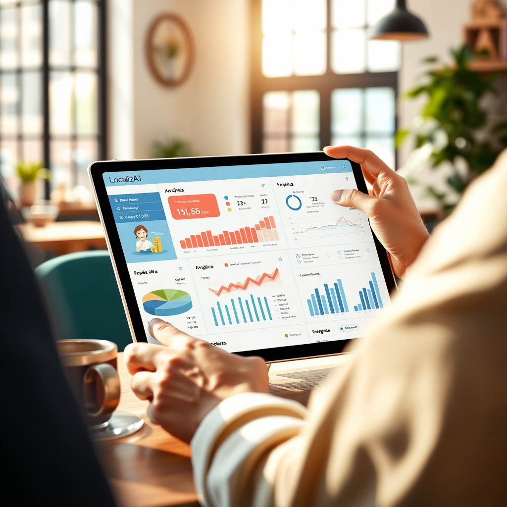 Illustrate a seamless digital interface of LocalBizAI on a user’s tablet, featuring intuitive UX design elements and vibrant analytics. The setting should be a cozy café with natural light streaming in, highlighting a modern, stylish workspace. Include coffee cups and casual decor to suggest an innovative yet relaxed environment. Ensure photorealistic details on the tablet screen show colorful data visualizations. This image should be in high resolution, capturing the essence of modern entrepreneurship.