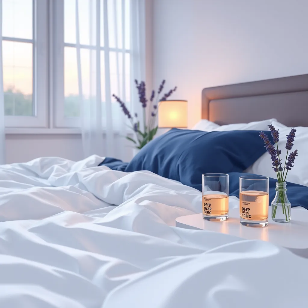 Illustrate a soothing bedroom scene featuring a beautifully made bed with fluffy white sheets and a deep blue comforter. Soft, ambient lighting should create a calming atmosphere, as if it’s twilight. Place a glass of 'Deep Sleep Tonic' on a bedside table, reflecting the dreamy, restful intent of the product. Use lavender plants positioned near the window for a touch of nature, enhancing the tranquil mood. The perspective should be a low angle, capturing the inviting space, and can include gentle shadows that add depth. Render the image hyperrealistic, ensuring the textures of the fabrics and plants vividly come to life, in ultra-detailed 8K resolution.