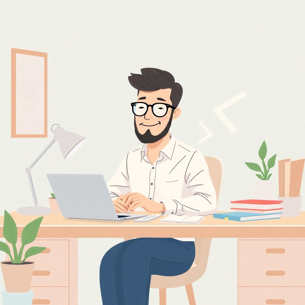 Illustrate a soothing visual of a serene workspace featuring a relaxed entrepreneur calmly calculating profits. Use a pastel color palette with soft lighting to signify tranquility and ease. The setting should include simple decor and elements like plants and stationery. Focus on creating a peaceful atmosphere where profit calculations feel effortless. The overall tone should evoke a sense of relief and satisfaction, capturing the essence of pain-free profits.