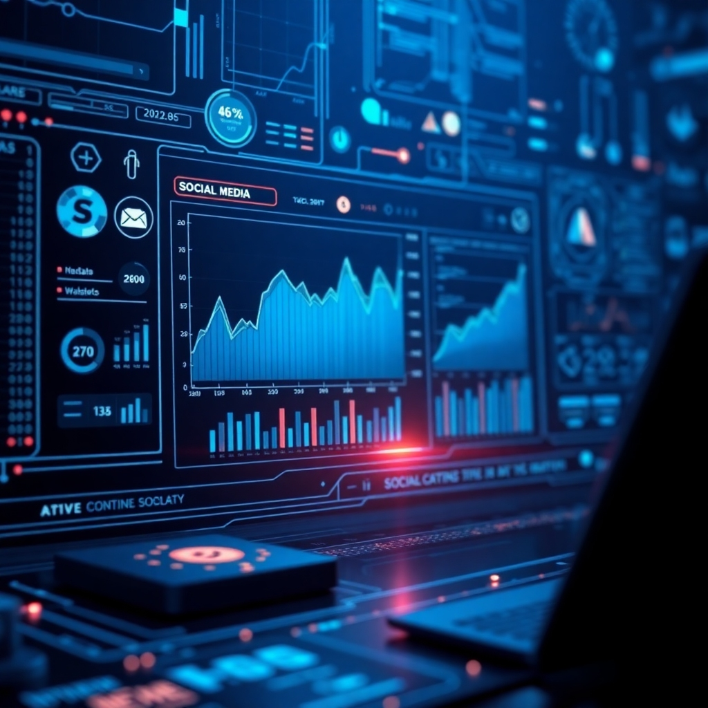 Illustrate a sophisticated AI system analyzing social media data for SEO optimization. The image should feature a futuristic interface with graphs, icons, and data streams. High-tech lighting effects and a dark blue color palette would create a modern and sleek atmosphere. The focus should be on the intricate details of the interface and data visualization. It should be depicted in hyperrealistic detail to emphasize the power of AI in content creation, presented in premium quality.