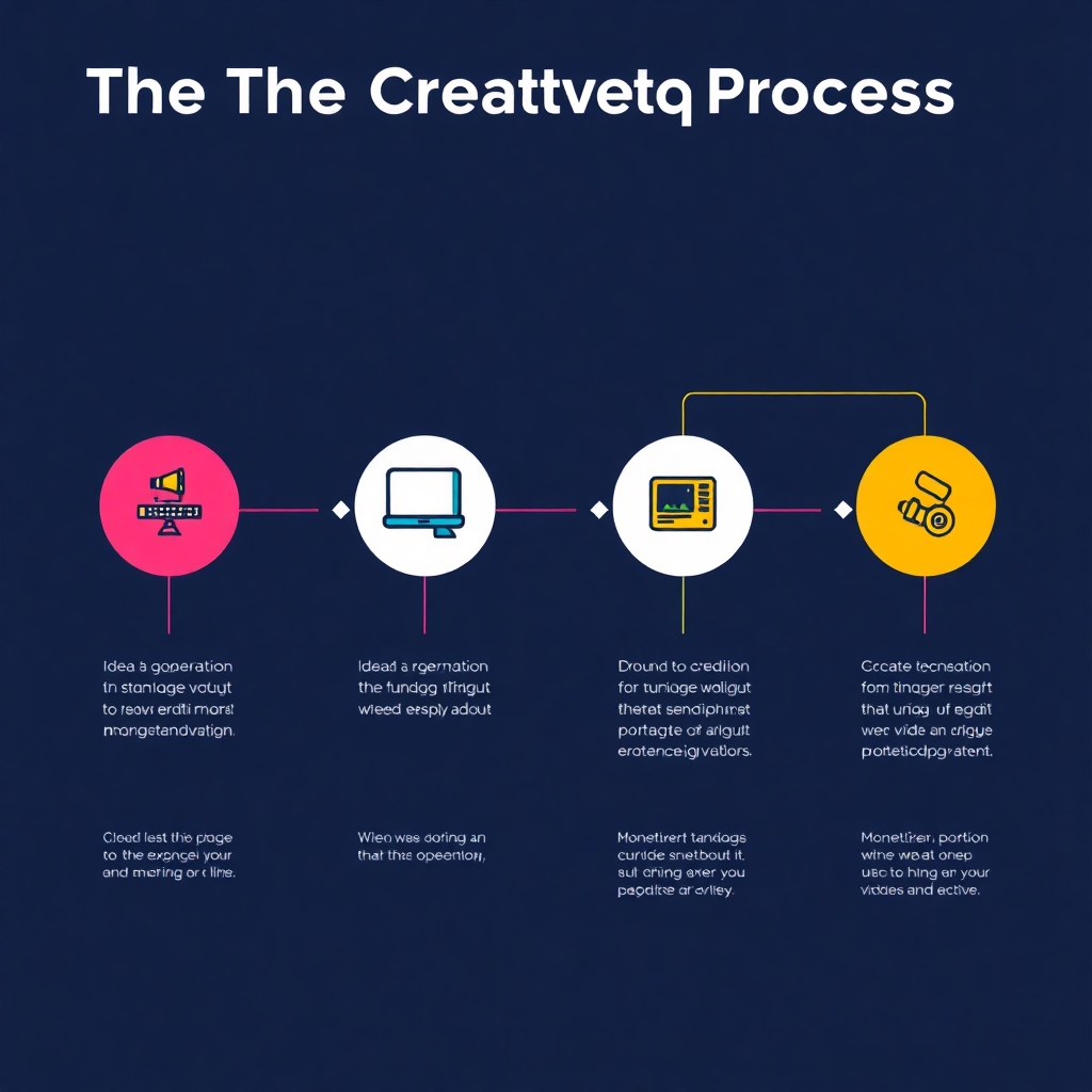 Illustrate a step-by-step flowchart of the creative process. Use vibrant colors to contrast each phase with visual icons representing idea generation, filming, editing, and monetization. The overall look should be dynamic and engaging, with clear text and visuals to guide the viewer's eyes through the journey. The style should lean towards modern infographics.