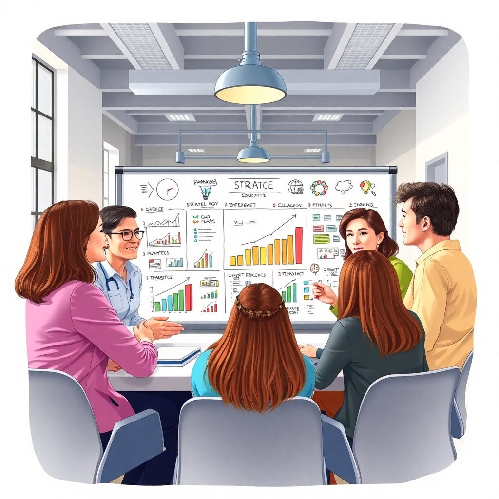 Illustrate a strategic meeting among educators using a digital whiteboard filled with growth charts and ideas. The setting should be professionally designed with modern office decor and ample natural light. Capture facial expressions of determination and collaboration among team members as they brainstorm. Use a wide-angle perspective to enhance the scene, focusing on the details of their strategy discussions and interactive tools. High-quality, 150-200 words.