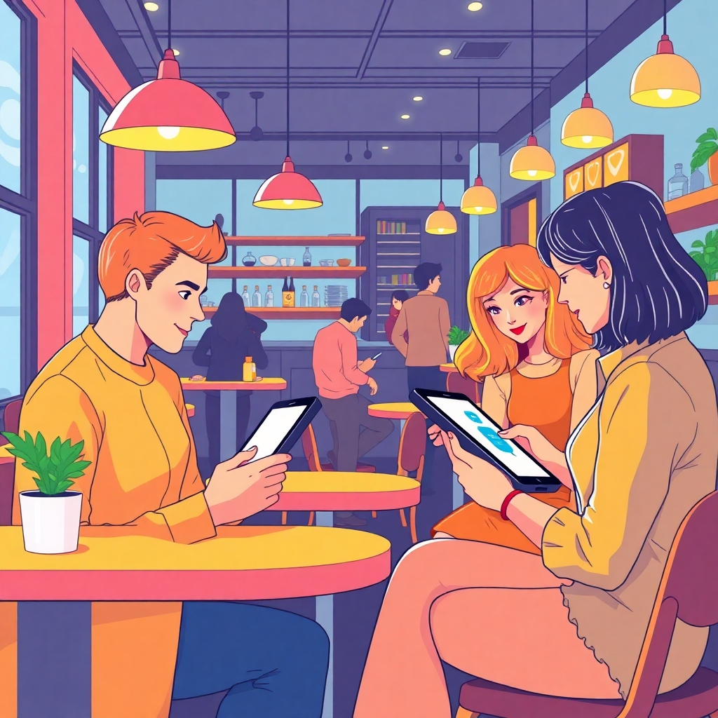 Illustrate a stylish café setting where customers interact with tablets featuring engaging chatbots. Bright and inviting colors should create an uplifting mood, highlighting user-friendliness and approachability of technology. This lively image should reflect the vibrancy of customer interactions in a modern context at 4K resolution.