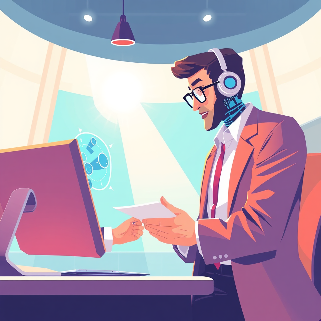 Illustrate a stylized image depicting a business leader strategizing with an AI assistant. Incorporate futuristic design elements and a clean aesthetic. Bright, inviting lighting should enhance the hopeful atmosphere. Combine bold colors to emphasize progress and strategy, making the AI tool visible in action. Aim for a high-quality representation, balancing creativity and realism.