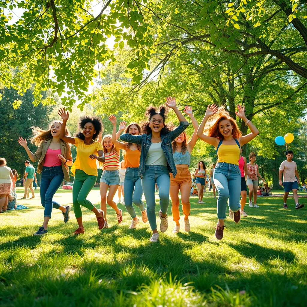 Illustrate a vibrant and dynamic scene where a group of friends are captured in a lively park atmosphere, dancing animatedly from a photograph that has come to life. The setting should be bright and cheerful, with sunlight streaming through the green leaves above, creating playful dappled light on the ground. Capture the energy from a low angle perspective, focusing on the animated expressions of the dancers as they move joyfully. Use a colorful palette featuring greens, blues, and yellows to reflect a fun, carefree day. Add textures of grass underfoot and colorful outfits on individuals, giving each character a unique personality. Include playful props like balloons and picnic blankets scattered in the background, creating a festive and joyful mood. The image should be crafted in ultra-detailed 8K resolution, emphasizing the animation details and expressions, making the viewer feel the emotions of the moment.