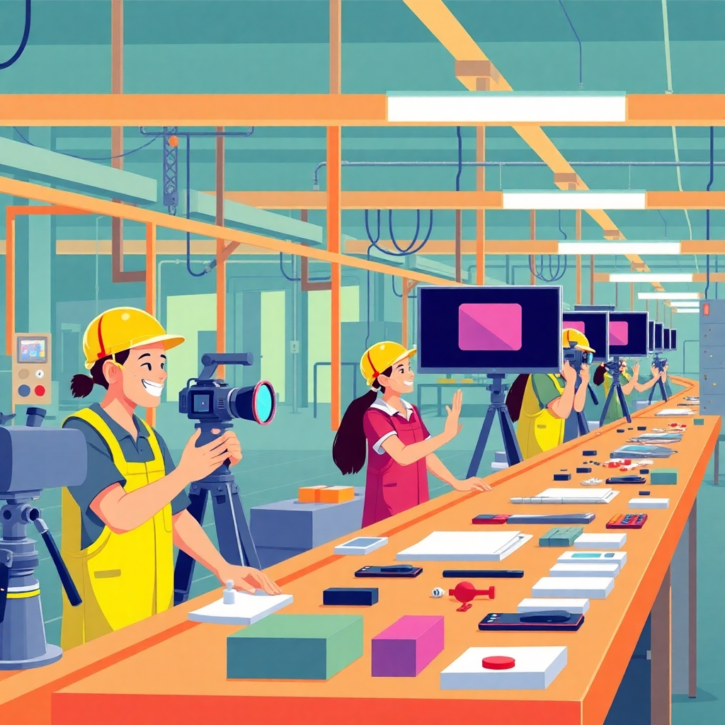 Illustrate a vibrant assembly line of video content creation, where clips stream out rapidly thanks to AI automation. Use bright, energetic colors to imply speed and efficiency, with workers representing different aspects of production happily engaged with the technology. Capture a wide shot to convey the magnitude of scaled content production.